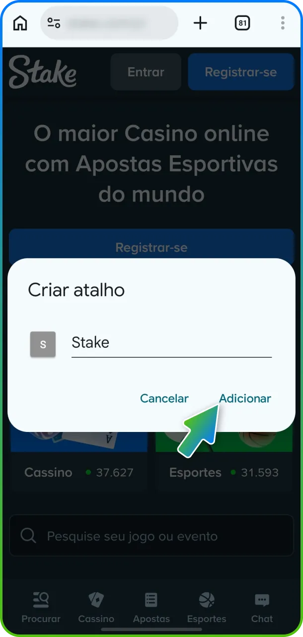 Finalize o processo e confirme a criação do atalho da Stake no seu celular.