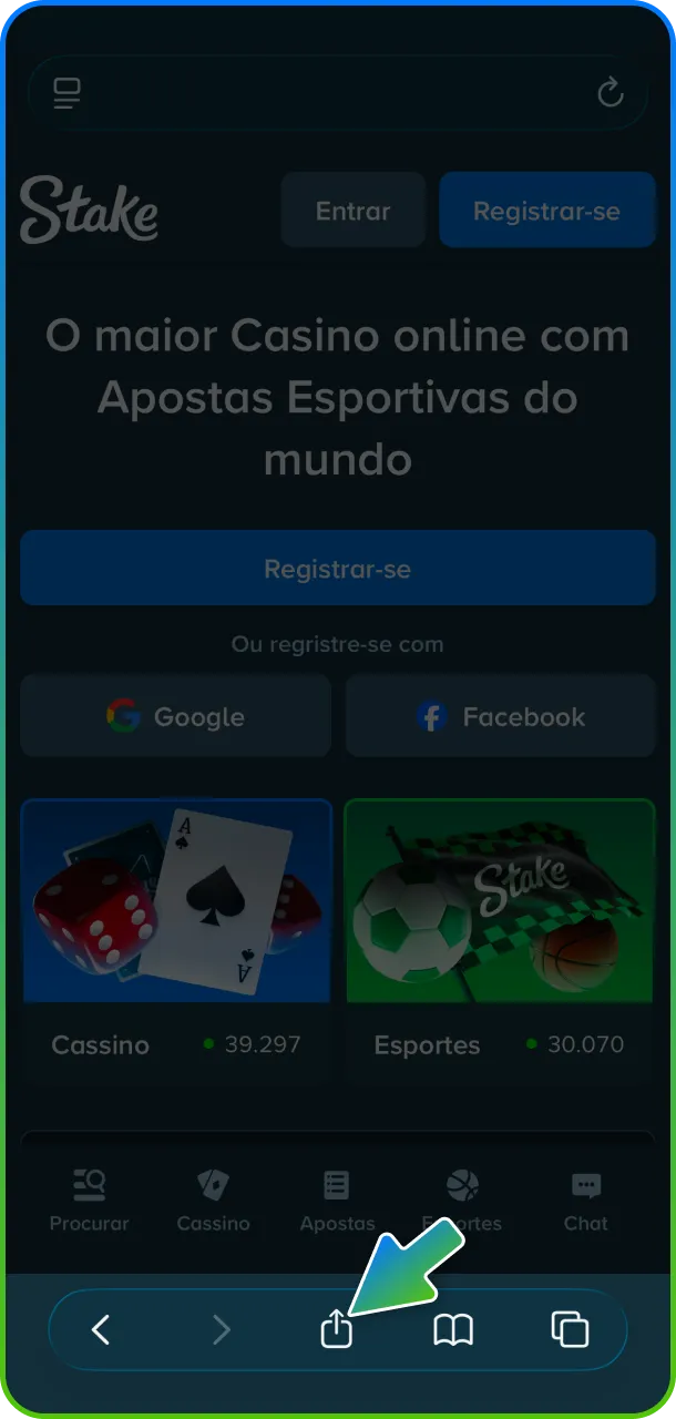 Toque no ícone central e use a opção de compartilhamento para prosseguir.