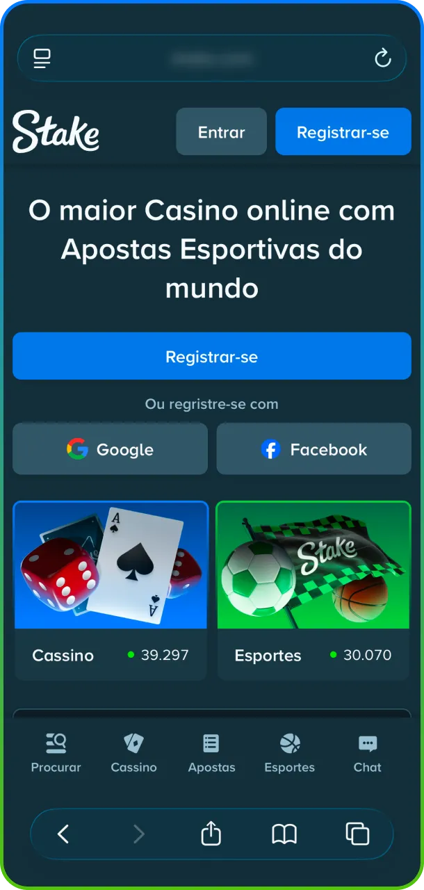 No seu iPhone, primeiro abra no navegador Safari o site oficial da Stake.