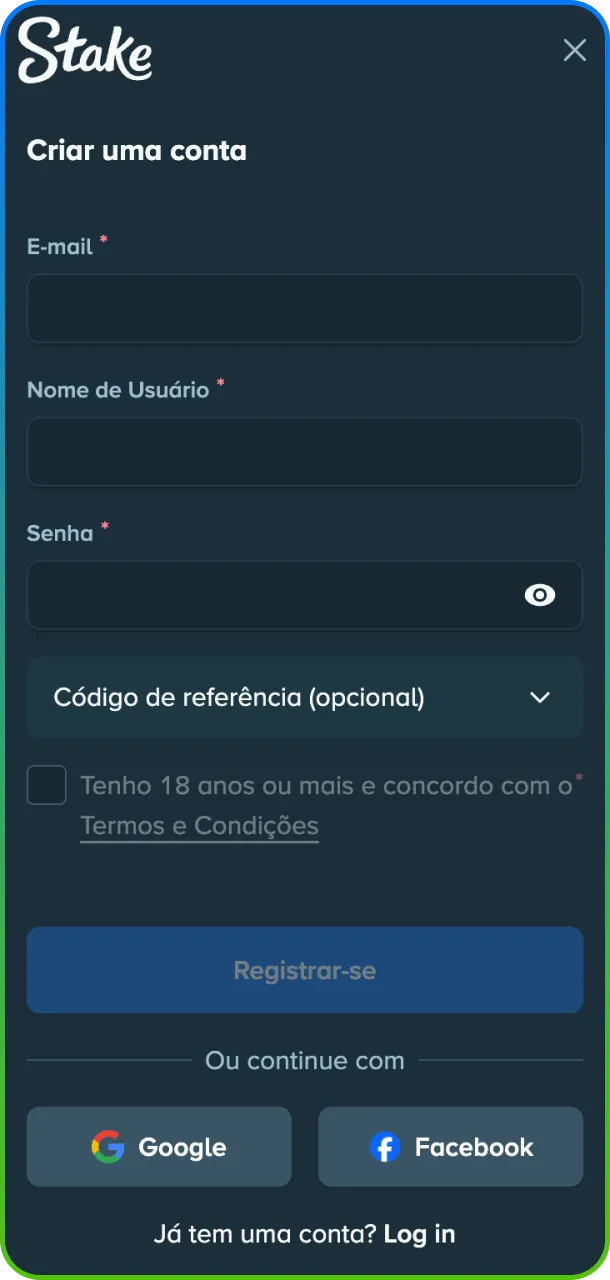 Acesse sua conta agora: o primeiro passo é registrar ou fazer login na Stake.