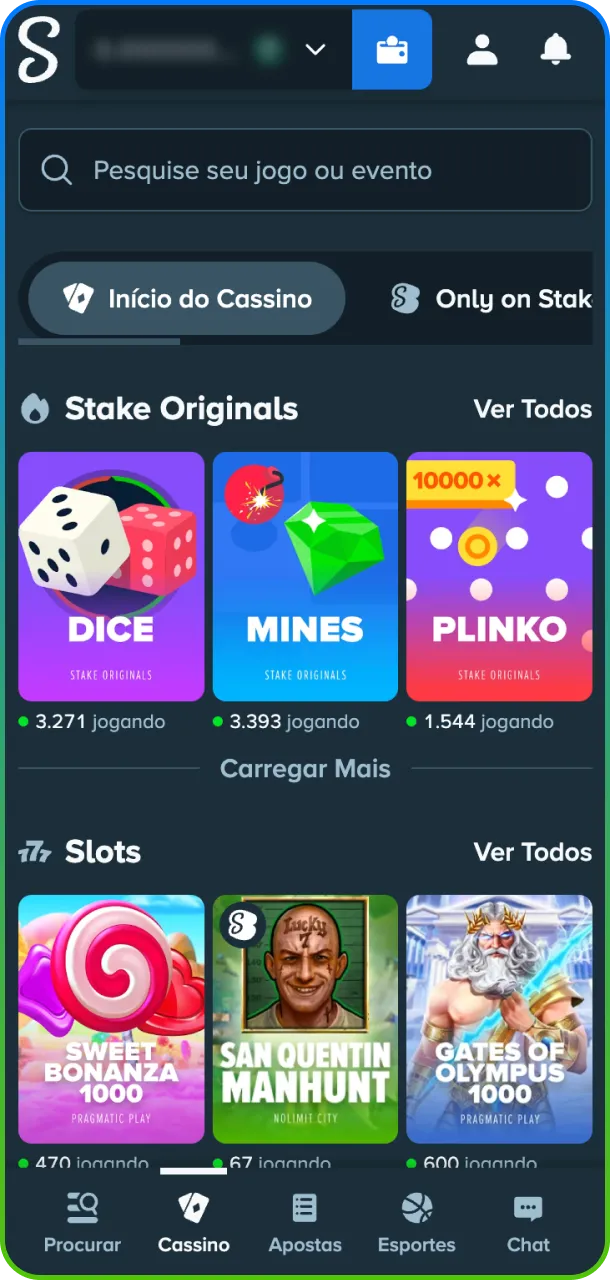 Explore o catálogo completo ao abrir a seção de cassino oficial da Stake.