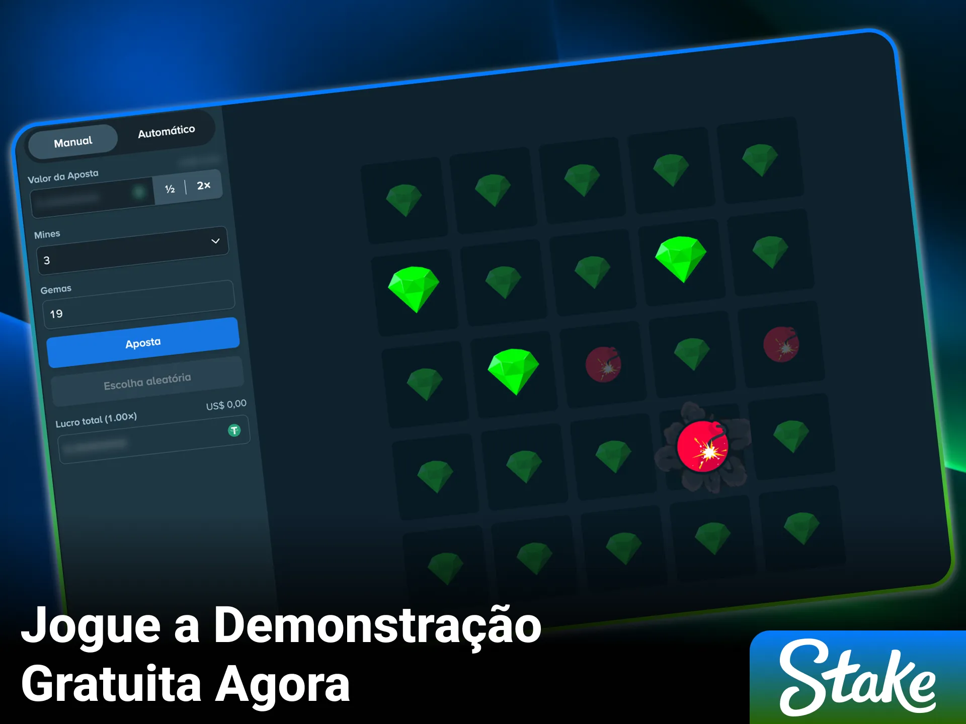 Aproveite para praticar e experimente o demo de Mines gratuitamente na Stake.