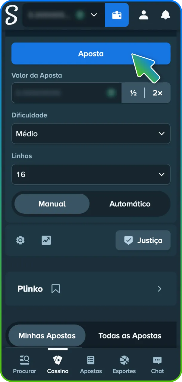Ajuste o seu risco ao selecionar a aposta e a configuração no Plinko da Stake.