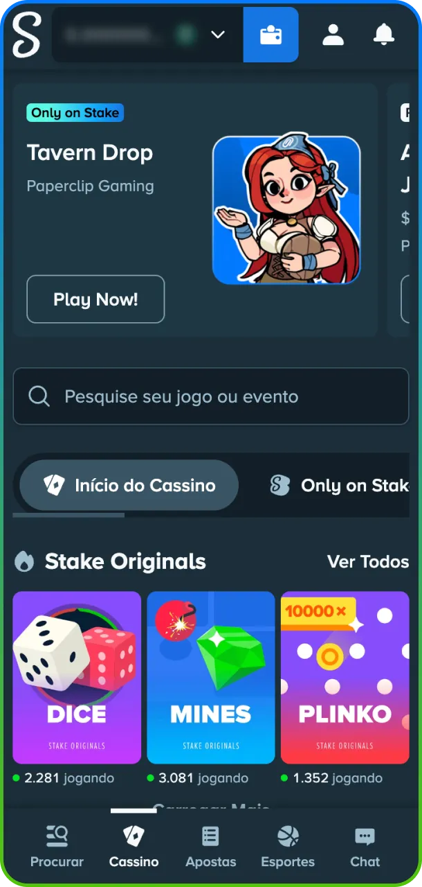 Entre na sua conta e aprenda a navegar até a seção de cassino da Stake.