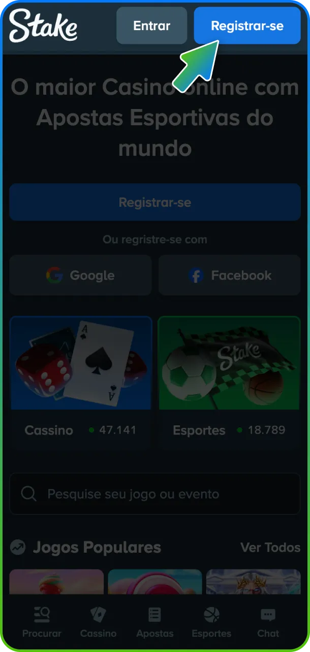 O primeiro passo para jogar Plinko na Stake é registrar ou fazer login.