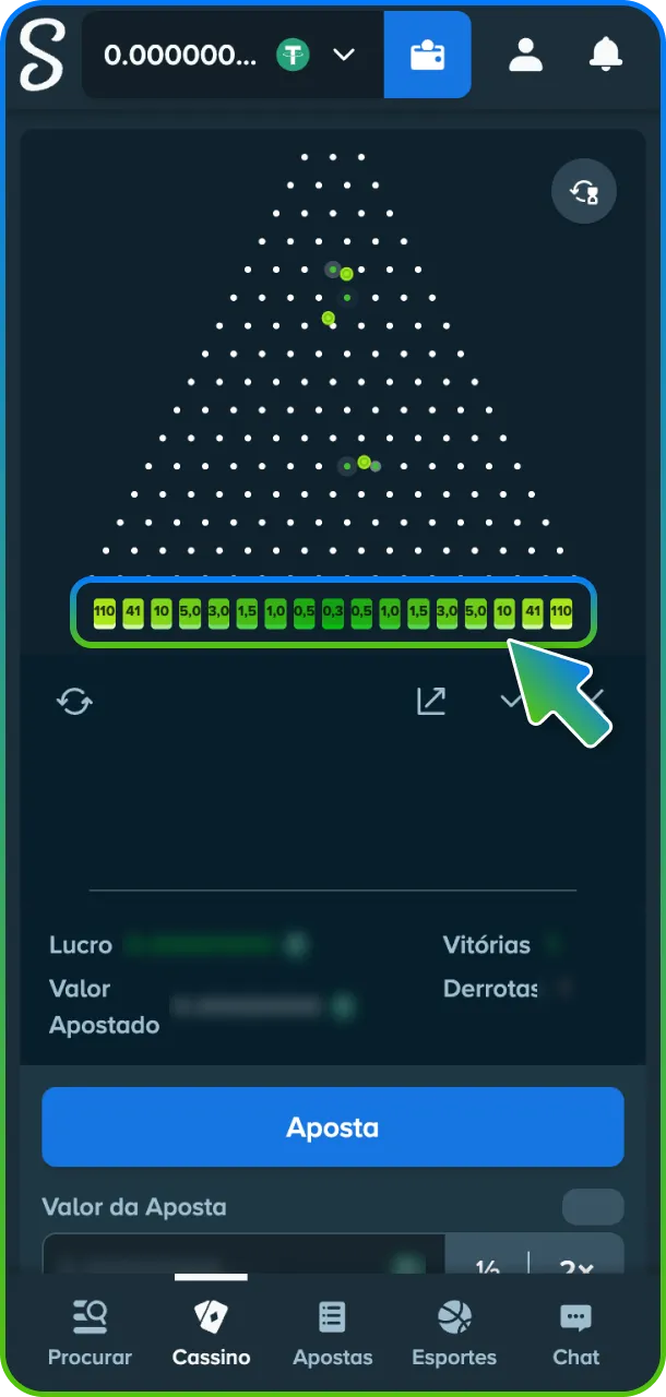 Confira o resultado da sua jogada ao verificar o multiplicador final no Plinko da Stake.