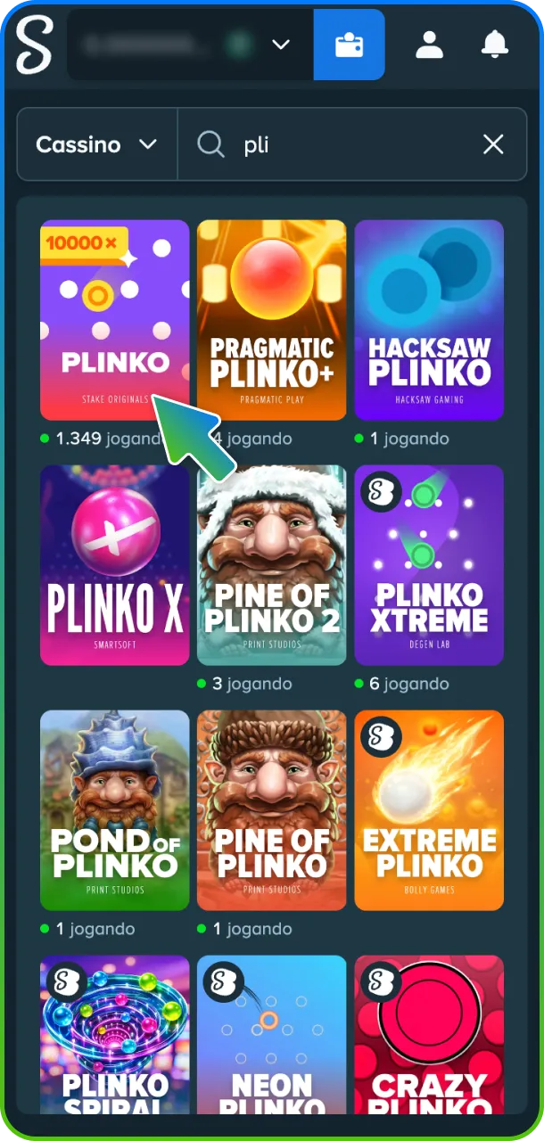 Use a barra de busca do site para pesquisar por Plinko dentro da Stake.