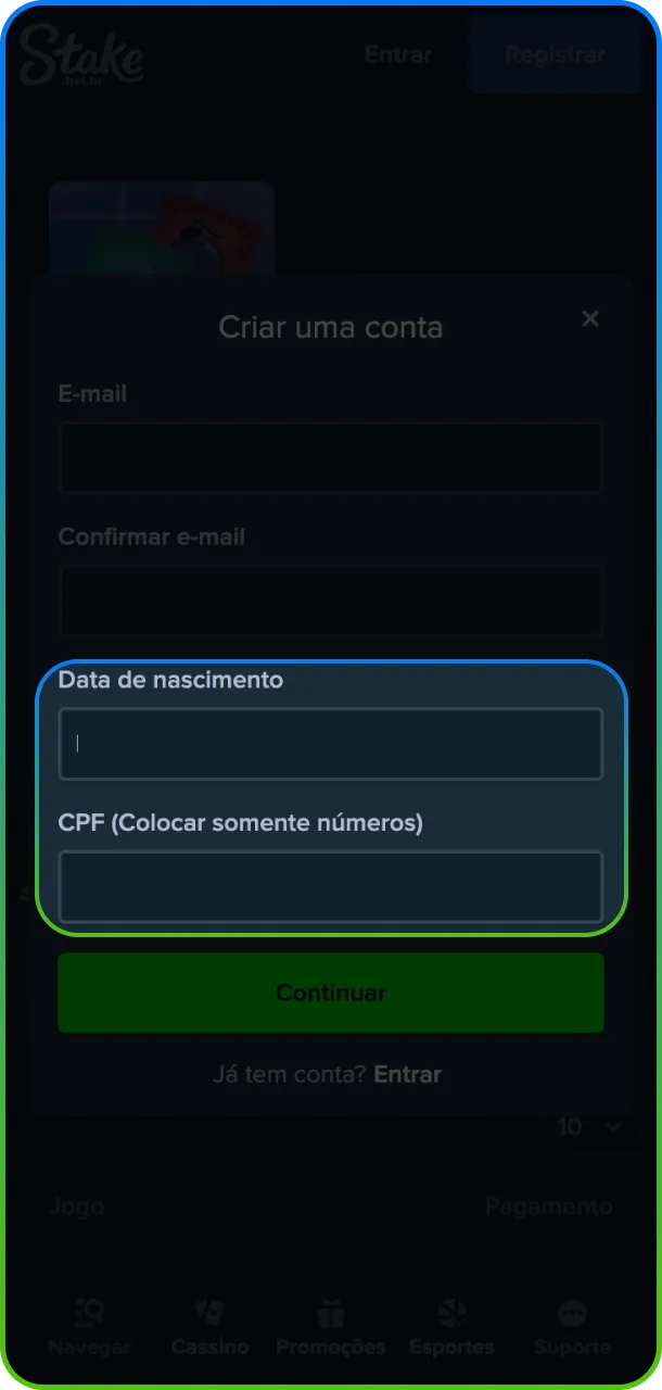 Verifique sua identidade ao adicione CPF e data de nascimento no cadastro da Stake.