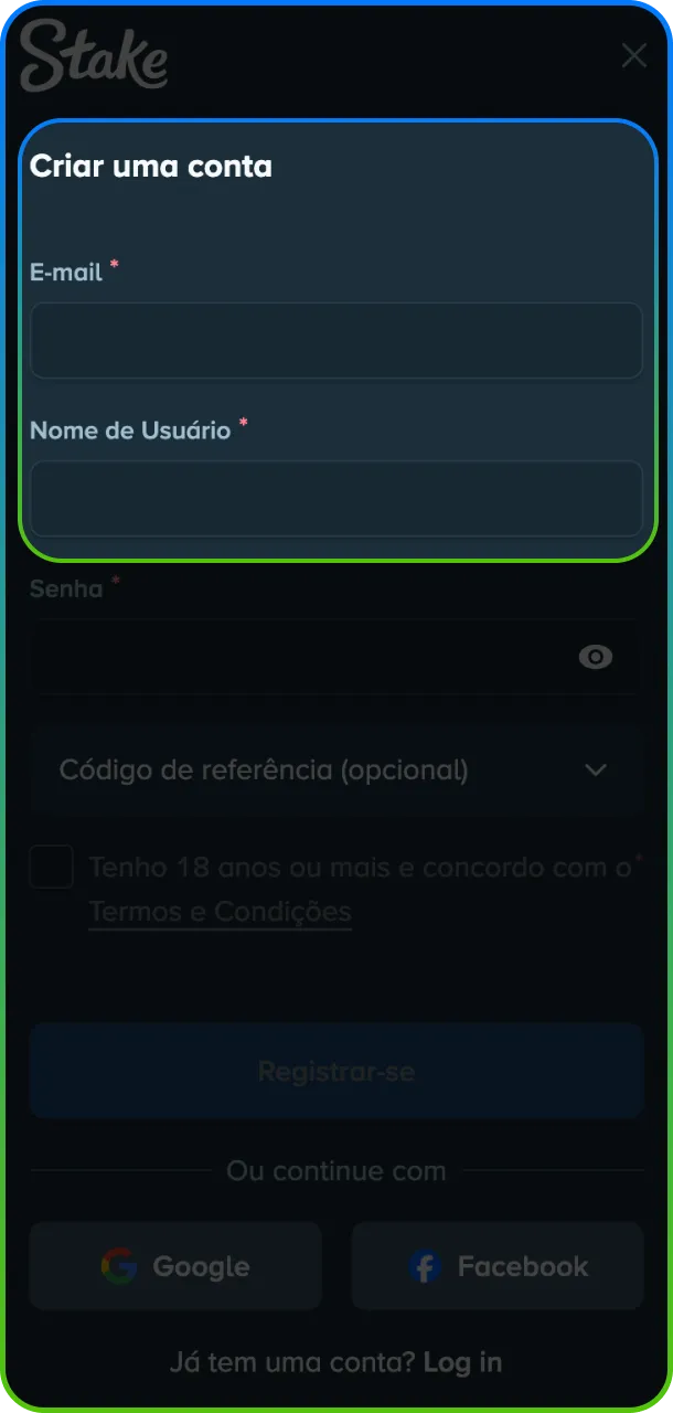 Garanta seu acesso ao preencha os dados básicos corretamente no formulário da Stake.