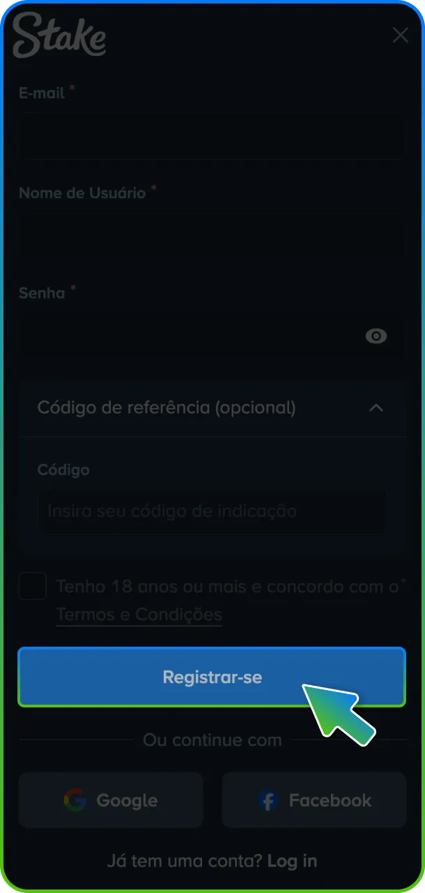 Clique no botão verde e finalize a criação da conta para começar na Stake.