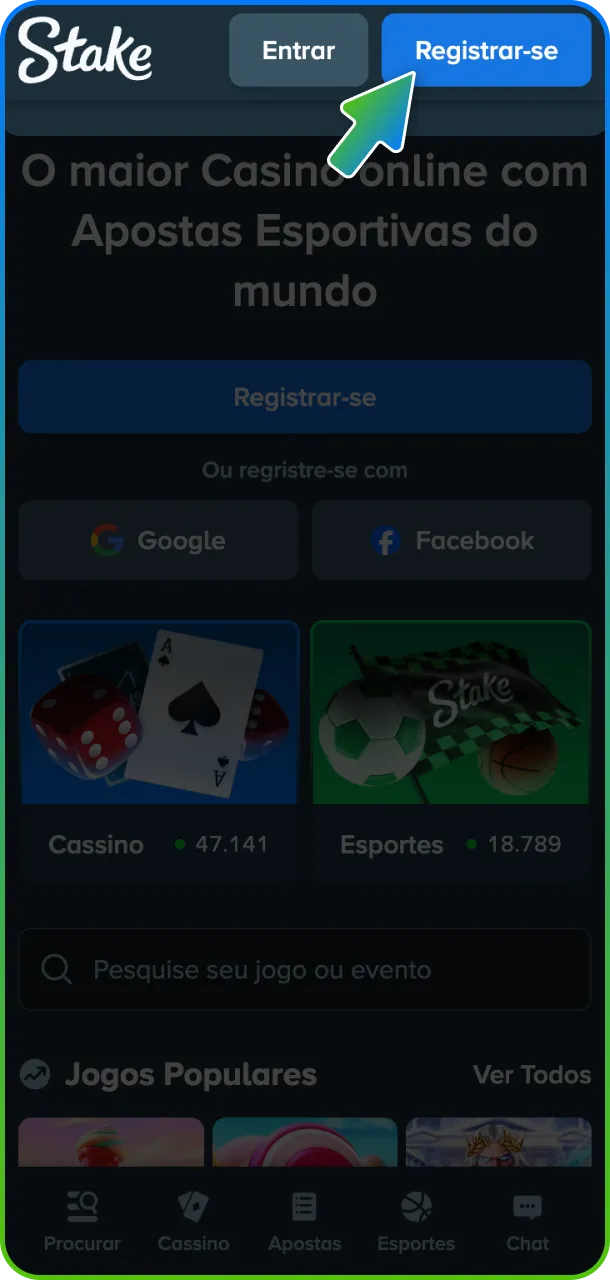 Clique no botão de cadastro e abra a página de registro oficial da Stake.