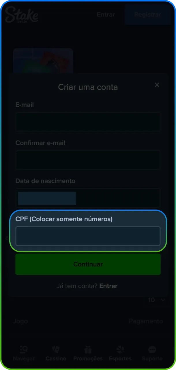 Valide sua conta corretamente ao adicione o número de CPF no registro da Stake.