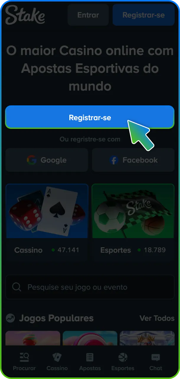 Inicie seu cadastro assim que encontre o botão de registro no topo do site Stake.