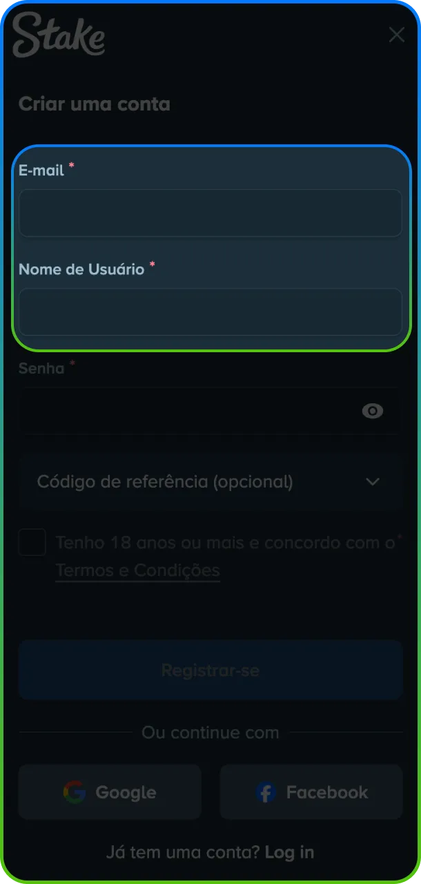 Preencha o formulário e insira e-mail e nome de usuário para sua conta Stake.