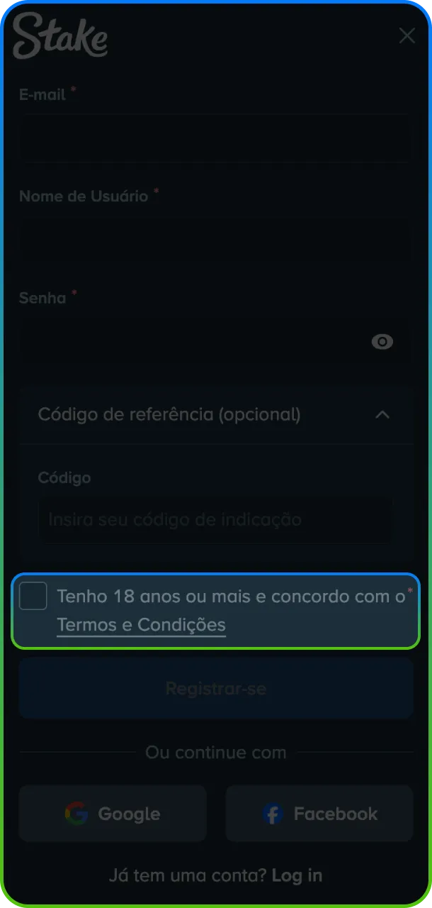 Leia as regras da plataforma e confirme os termos para jogar na Stake.
